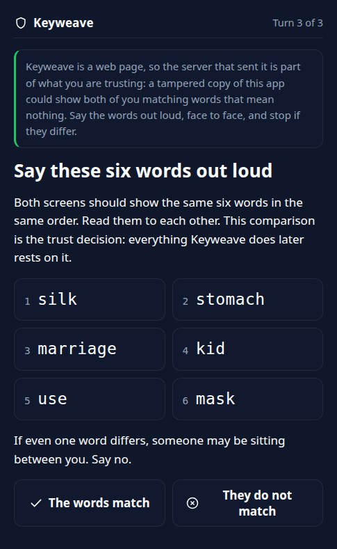 A dark phone-sized screen headed 'Say these six words out loud', listing six numbered words above the buttons 'The words match' and 'They do not match'.