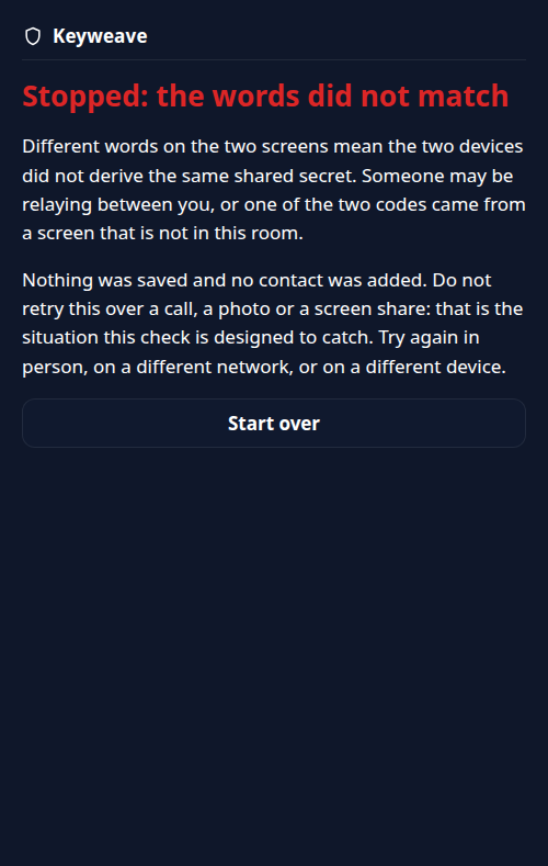 A dark phone-sized screen with a red heading 'Stopped: the words did not match', two paragraphs of explanation, and a 'Start over' button.