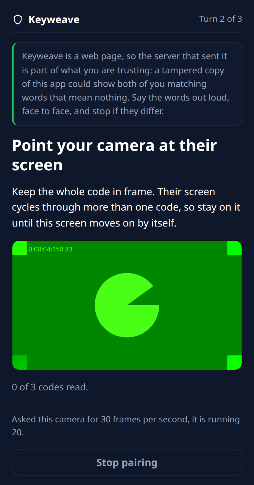 A dark phone-sized screen headed 'Point your camera at their screen', showing a green camera test pattern above the line '0 of 3 codes read.'