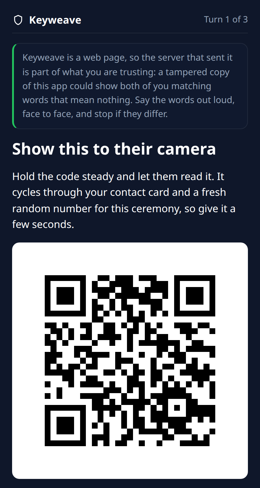 A dark phone-sized screen headed 'Show this to their camera', with a large black and white QR code on a white card.