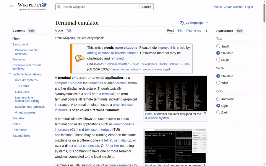 Deterministic commands (help, ls links, read, here) driving a live Wikipedia article